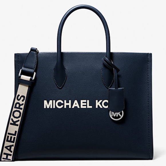 Michael Kors Navy Mirella Medium Pebbled Leather Tote Bag - Picture 1 of 3